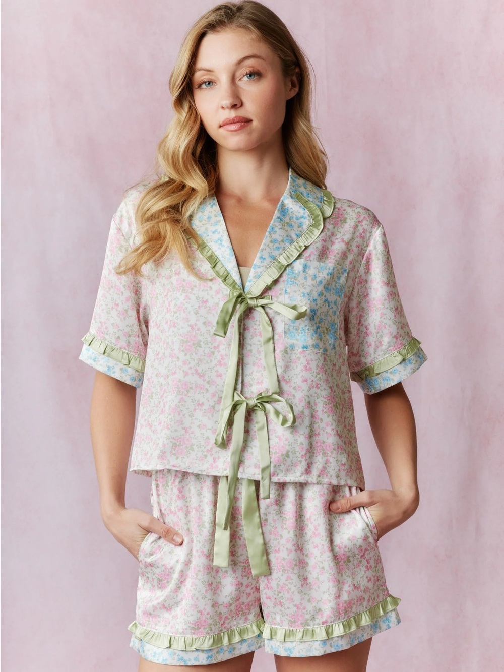 297 • Floral Tie-Front Short Pajama Set in Pastel Pink